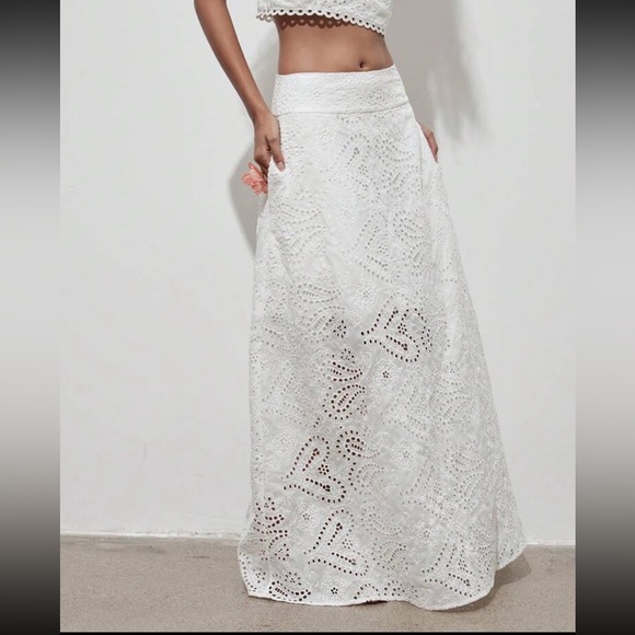 Boho Sheer Lace Hollow Out Lace Cropped Top and High Waist Maxi SET White - Picture 3 of 5